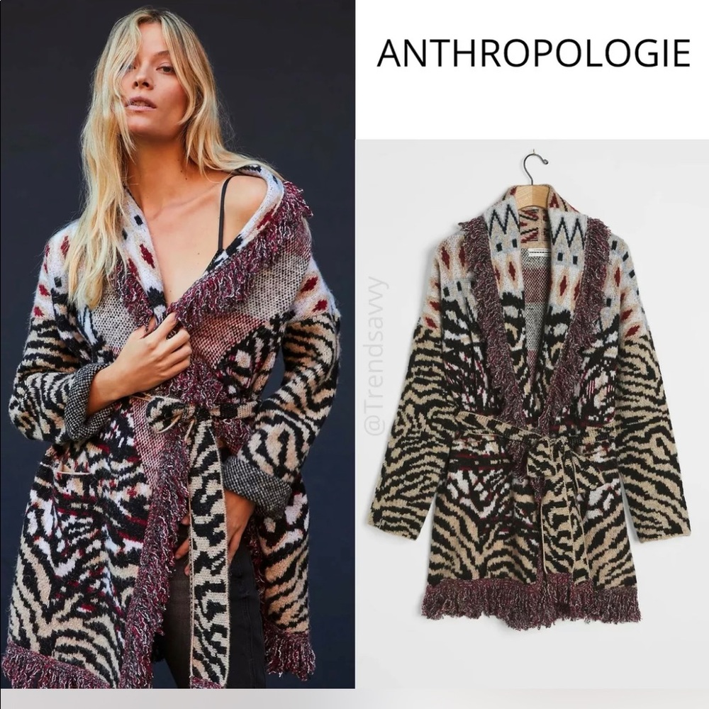 New,Anthropologie Paloma Fringed Cardigan Animal Print Sweater